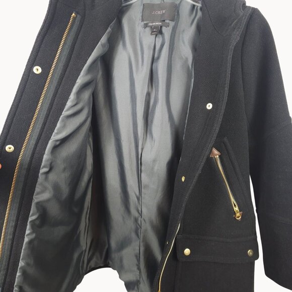 J.Crew‎ Womens 2 Italian Wool Hooded Tailored Coat Black Lined Gold Accents Warm - Picture 8 of 15